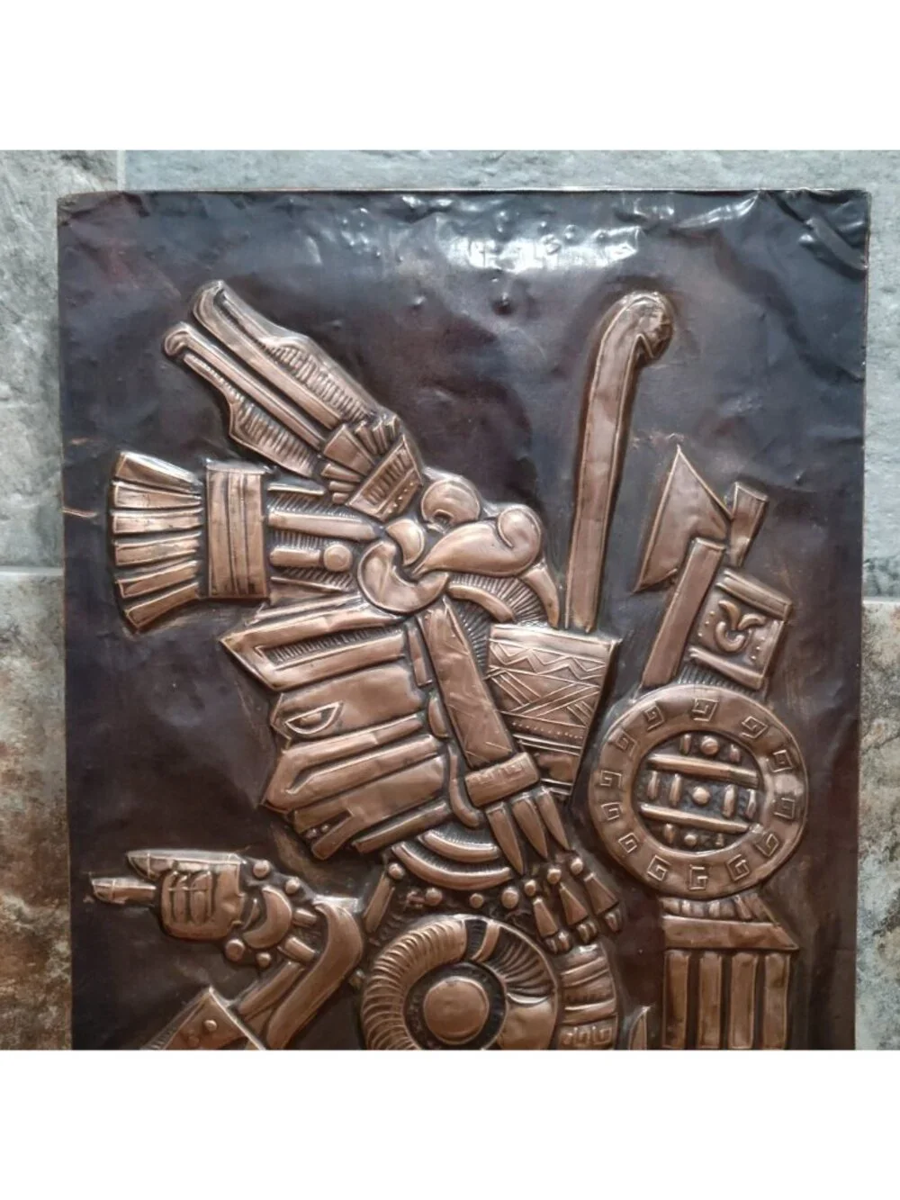 VTG Aztec Copper Relief Wall Plaque Tezcatlipoca Caliban Chile Chasqui Art
